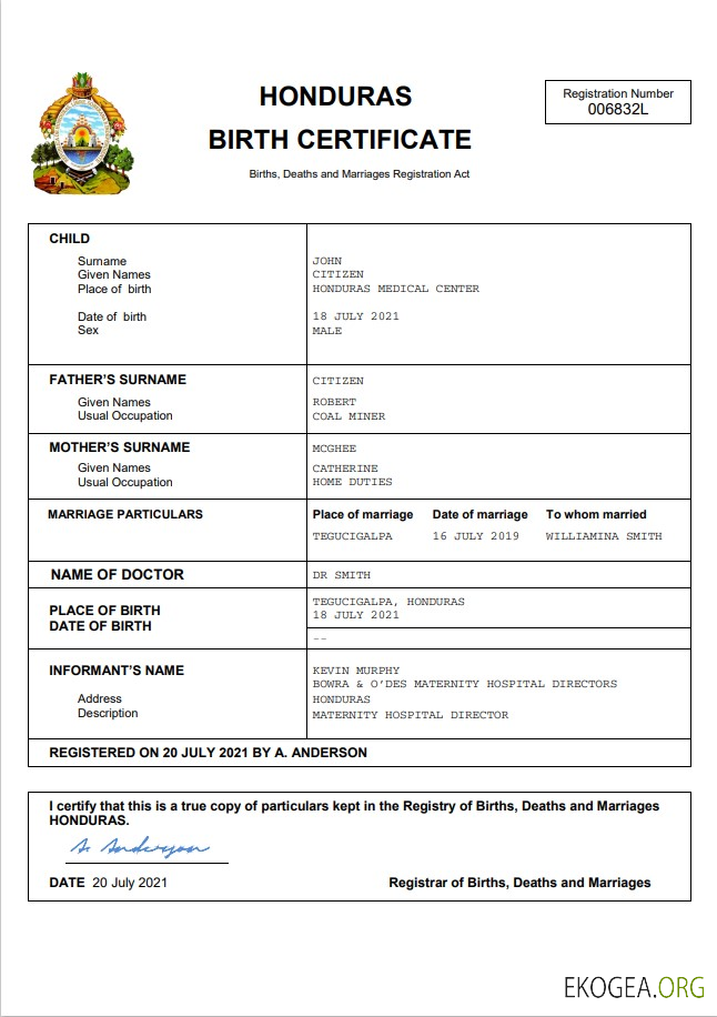 Modèle Word et PDF d'acte de naissance du Honduras